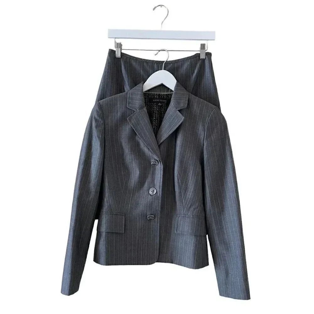 Anne Klein Gray Striped Lined Professional Career Tailored Blazer SZ 2P #1608